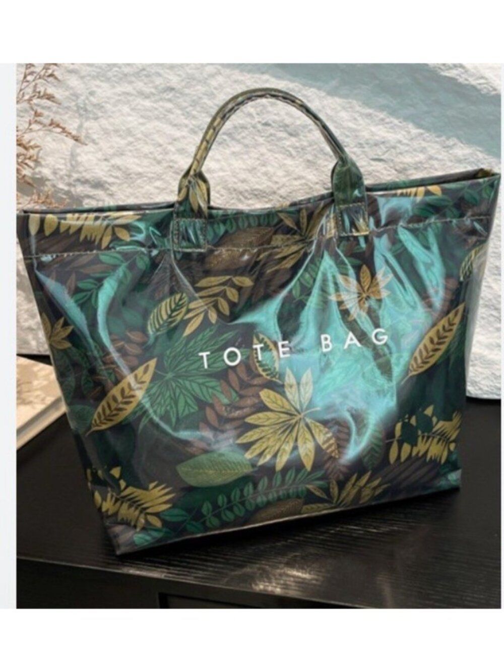 Large Green Leaves Print Patent Jelly Tote Bag Waterproof Shoulder Handbag Purse